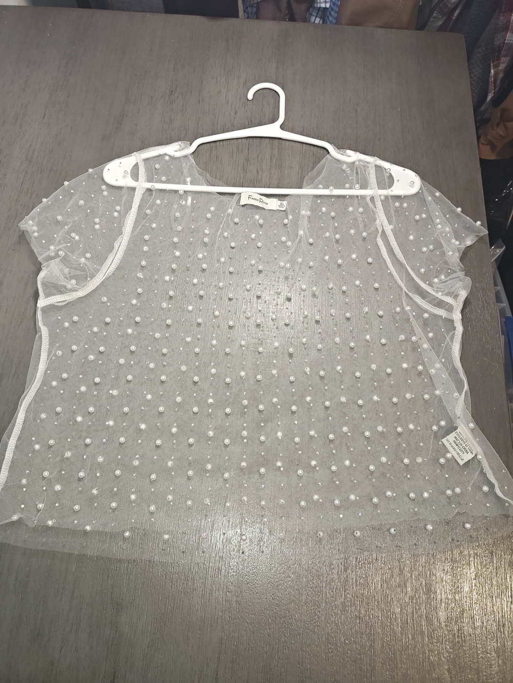 Faded Rose  White Sheer Pearl-Embellished Mesh Blouse XL